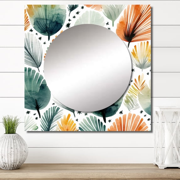 Designart "Teal Orange Scandinave Floral Elegance Nordic Florals" Abstract Teal Large Square Mirror - Square Bedroom Mirror Printed Wall Decor - Traditional Square Printed Wall Mirror Art
