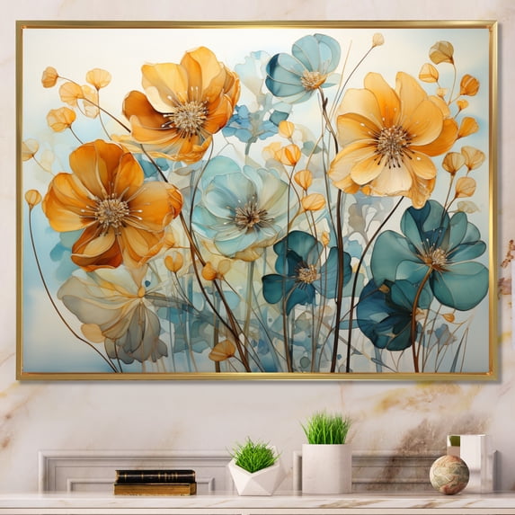 Designart "Teal Orange botanic particles I" Abstract Botanicals Floater Framed Wall Art Print