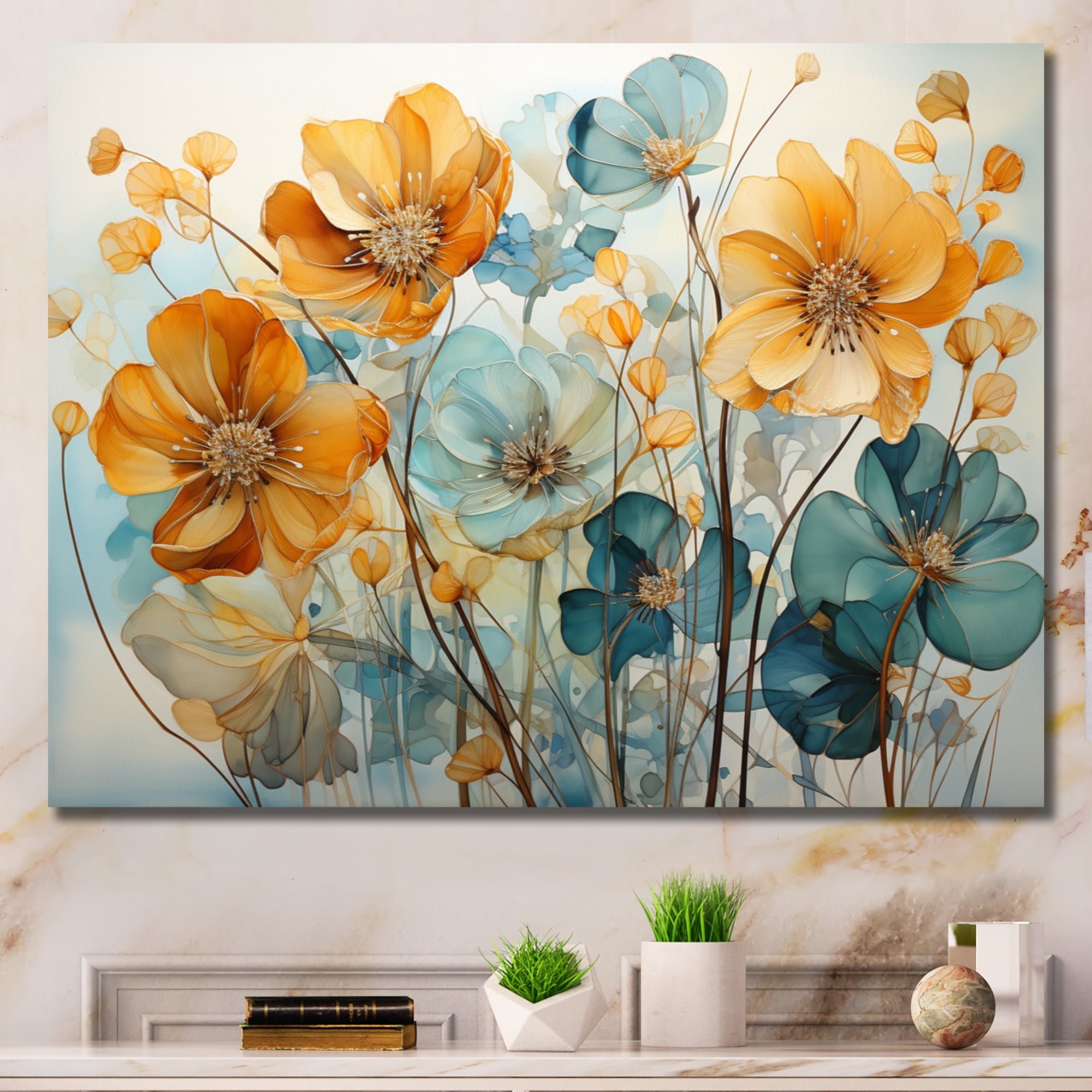 Teal and Orange Floral Abstract Canvas Wall Art, 32" x 16"