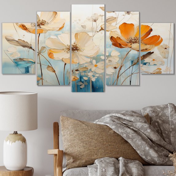 Designart "Teal Orange botanic particles II" Abstract Botanicals Wall Art Prints Set