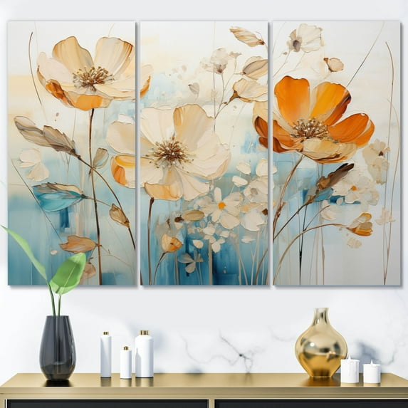 Designart "Teal Orange botanic particles II" Abstract Botanicals Wall Art Prints Set