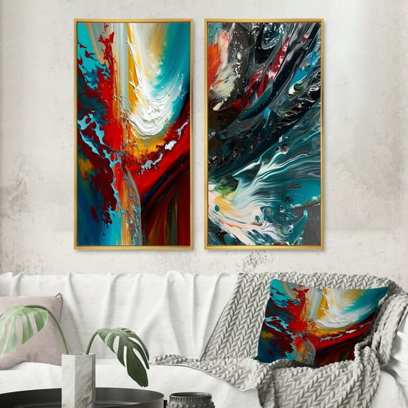 Designart "Teal Rhythms Abstract Awakening" Abstract Painting Framed Wall Art Set Of 2 - Modern Red Framed Canvas Set For Living Room Decor