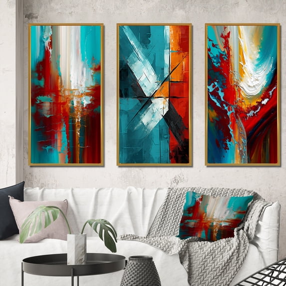 Designart "Teal Rhythms Abstract Awakening I" Abstract Painting Framed Wall Art Set Of 3 - Red Modern Frame Gallery Wall Set For Home Decor