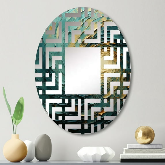 Designart "Teal Spiral of Majestic Motion IV" Abstract Spirals Maze Round Wall Mirror - Abstract Oval Printed Decorative Mirror - Multiple Color Options