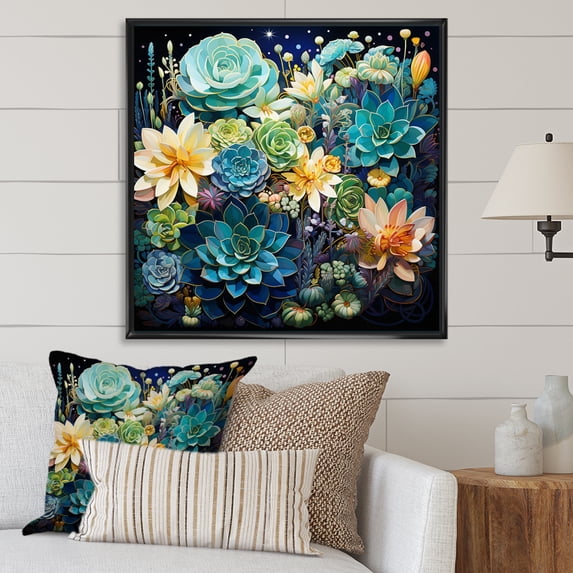 Designart "Teal Succulent Charm" Floral Floater Framed Canvas Art Print