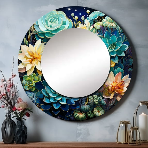 Designart "Teal Succulent Charm" Succulent Rund Mirror For Wall Decor - Large Teal Round Print Mirror - Round Traditional Mirror 23" x 23" Inch - Wall Mounted Round Large Mirror