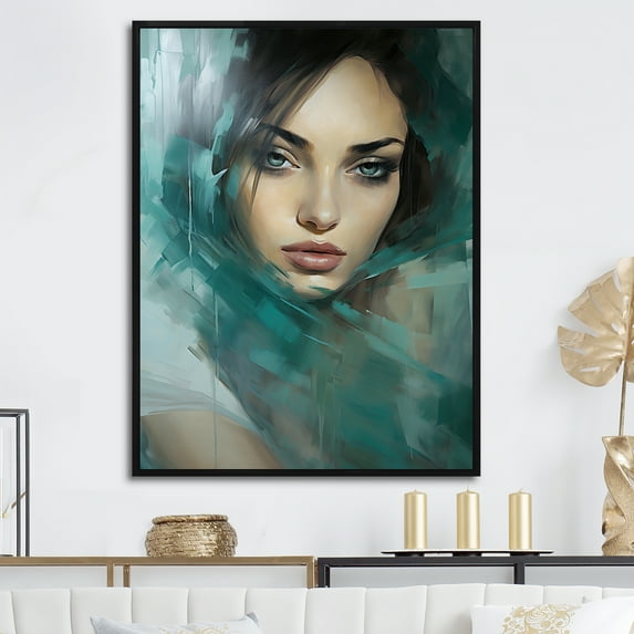 Designart "Teal Tales In A Woman'S Portrait" Fashion Woman Floater Framed Wall Decor