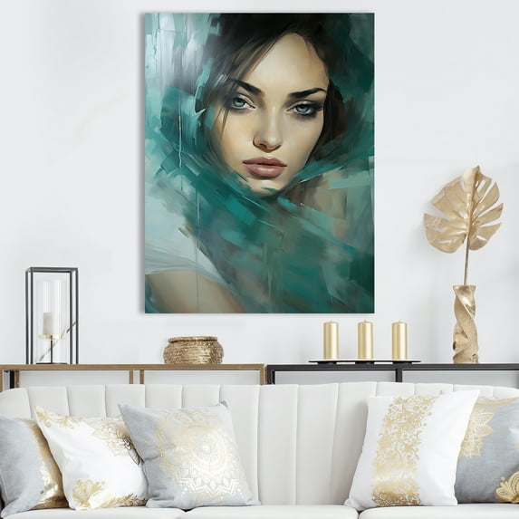 Designart "Teal Tales In A Woman'S Portrait" Fashion Woman Wall Decor