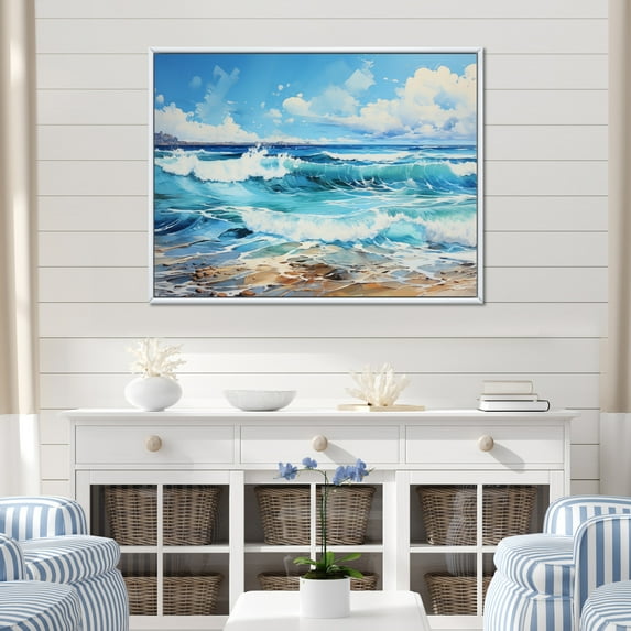 Designart "Teal White Ocean Charm Pastoral III" Landscapes Floater Framed Wall Art Print