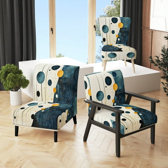 Designart "Teal Yellow Mid Century Minimalist Rain I" Upholstered Abstract Collages Accent Chair and Modern & Contemporary Arm Chair - Multiple Color & Pattern