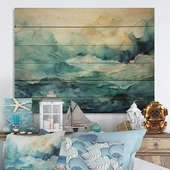 Designart "Teal Yellow Ocean Charm Pastoral III" Modern Print on Natural Pine Wood