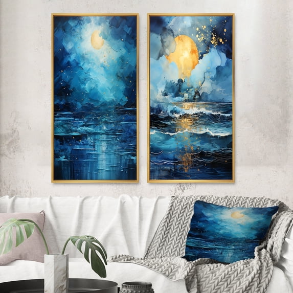 Designart "Teal Yellow Ocean Charm Pastoral V" Ocean Framed Wall Art Set Of 2 - Teal Beach Framed Canvas Set For Living Room Decor