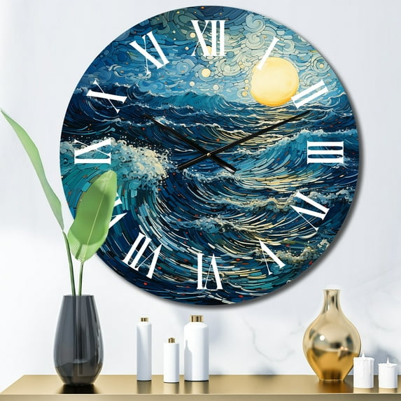 Designart "Teal Yellow Ocean Coastal Charm Pointillism I" Nautical & Beach Oversized Wall Clock