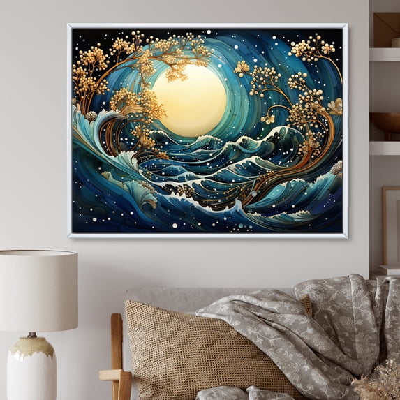 Designart "Teal Yellow Ocean Coastal Charm Pointillism II" Landscapes Floater Framed Wall Decor