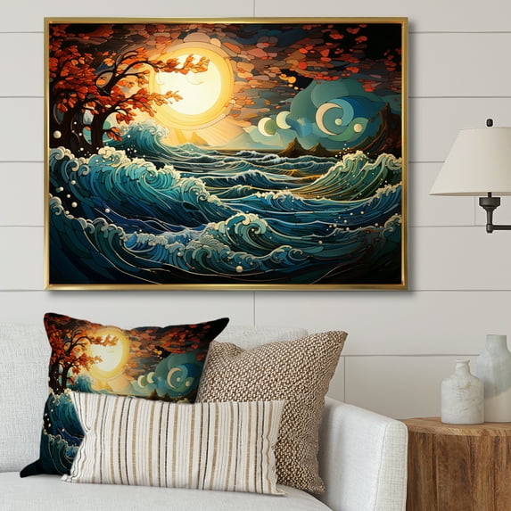 Designart "Teal Yellow Ocean Coastal Charm Pointillism III" Landscapes Floater Framed Canvas Art Print