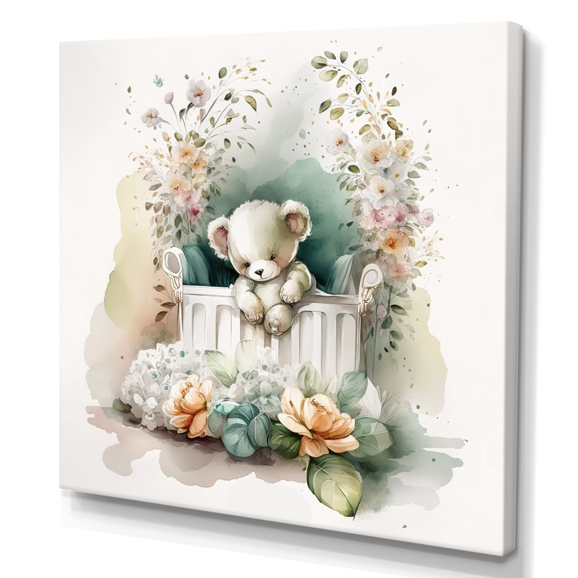 Designart Teddy Bear In Crib With Flowers I Canvas Wall Art