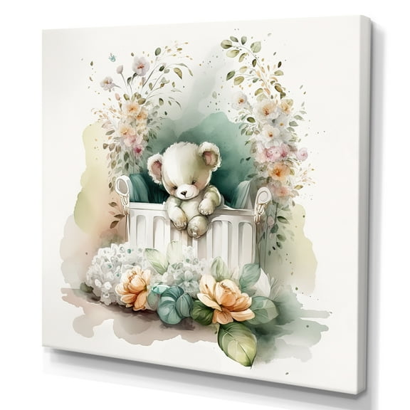 Designart Teddy Bear In Crib With Flowers I Canvas Wall Art