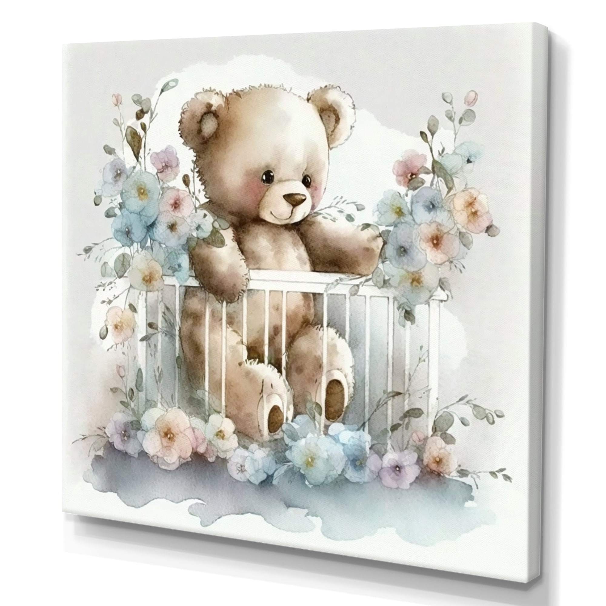 Designart Teddy Bear In Crib With Flowers II Canvas Wall Art