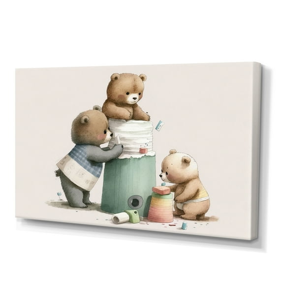 Designart Teddy Bears Building A Tower Of Toilet Paper Canvas Wall Art