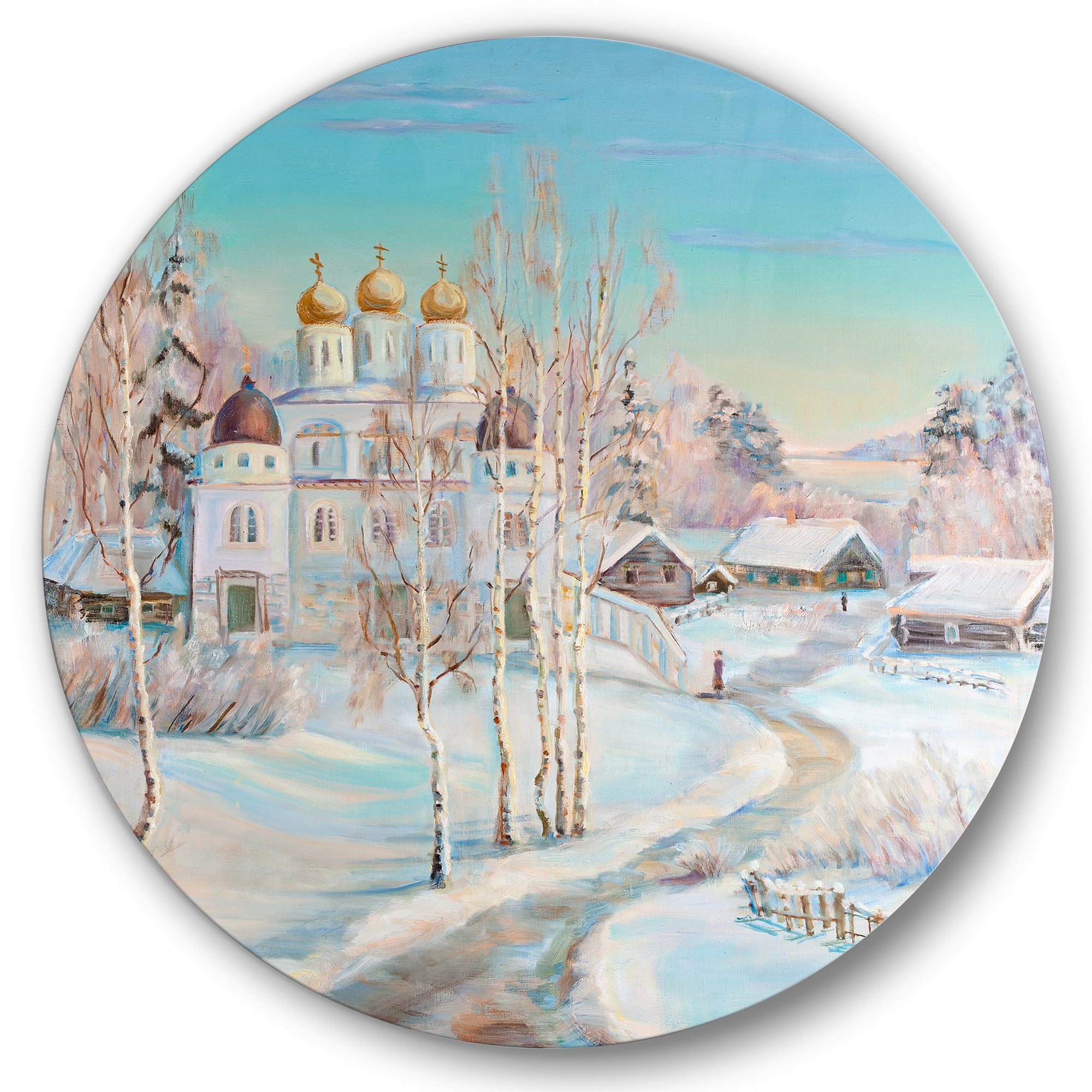 Designart 'Temple Over Country Road In Winter Landscape' Traditional Circle Metal Wall Art 29x29 - Disc of 29