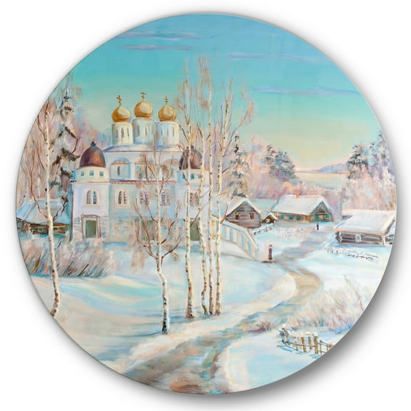 Designart 'Temple Over Country Road In Winter Landscape' Traditional Circle Metal Wall Art 36x36 - Disc of 36