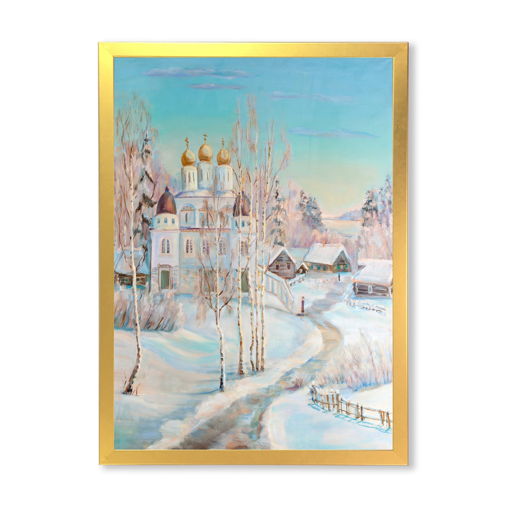 Designart 'Temple Over Country Road In Winter Landscape' Traditional Framed Art Print