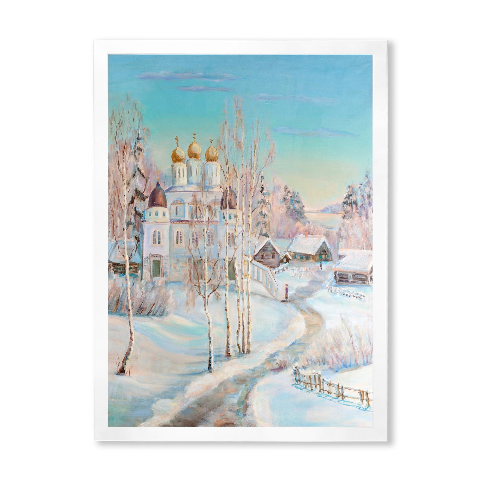 Designart 'Temple Over Country Road In Winter Landscape' Traditional Framed Art Print