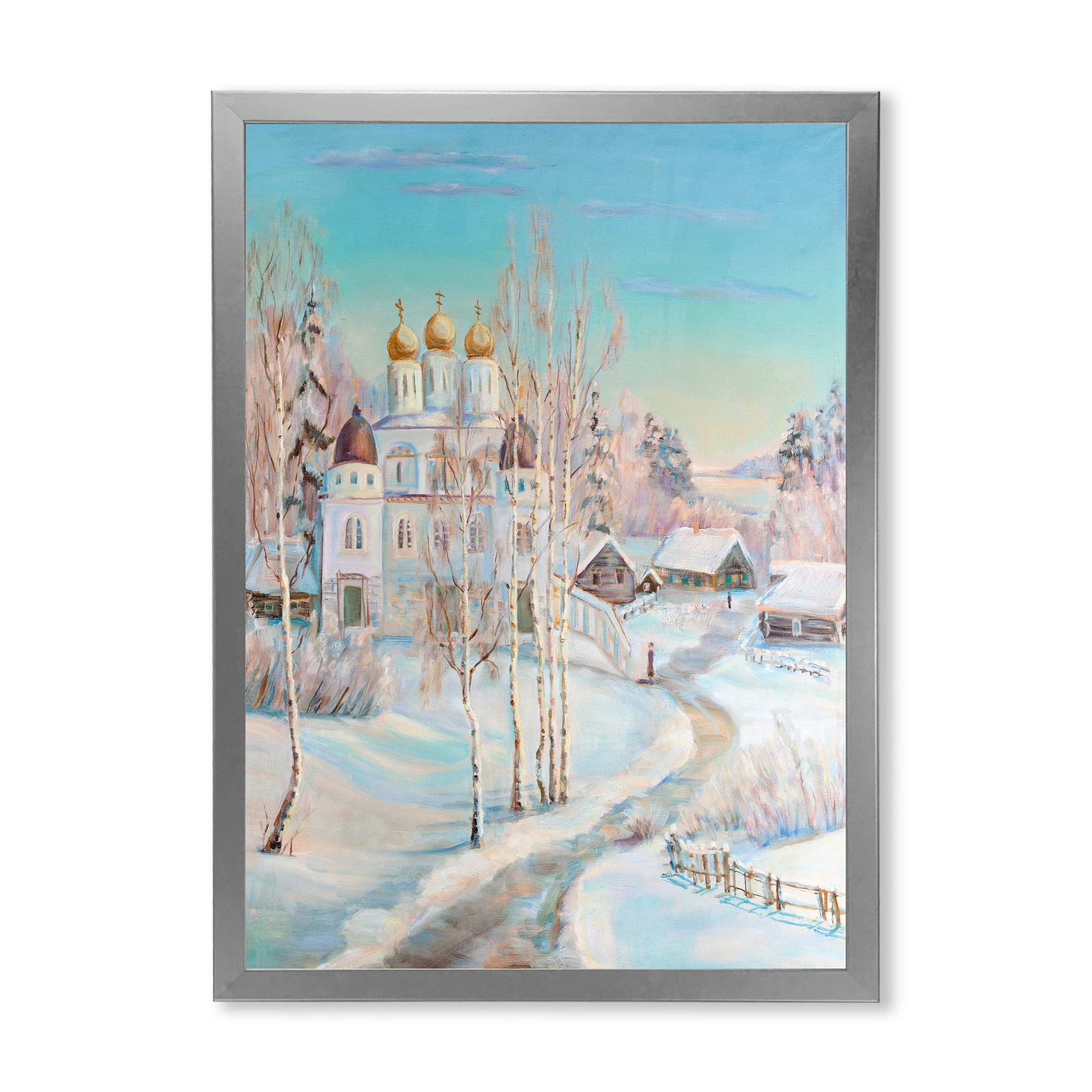 Designart 'Temple Over Country Road In Winter Landscape' Traditional Framed Art Print