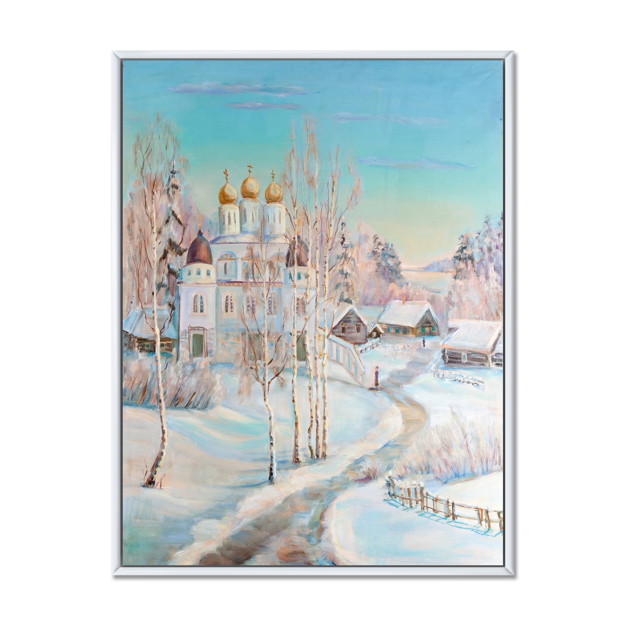 Designart 'Temple Over Country Road In Winter Landscape' Traditional Framed Canvas Wall Art Print