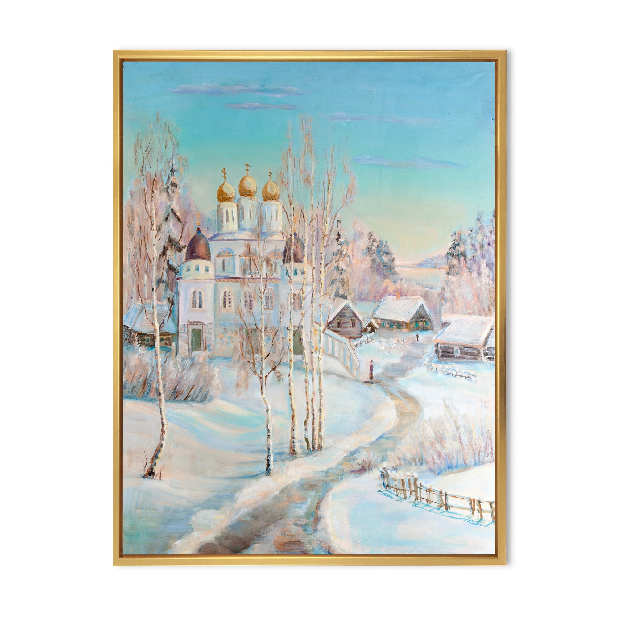 Designart 'Temple Over Country Road In Winter Landscape' Traditional Framed Canvas Wall Art Print
