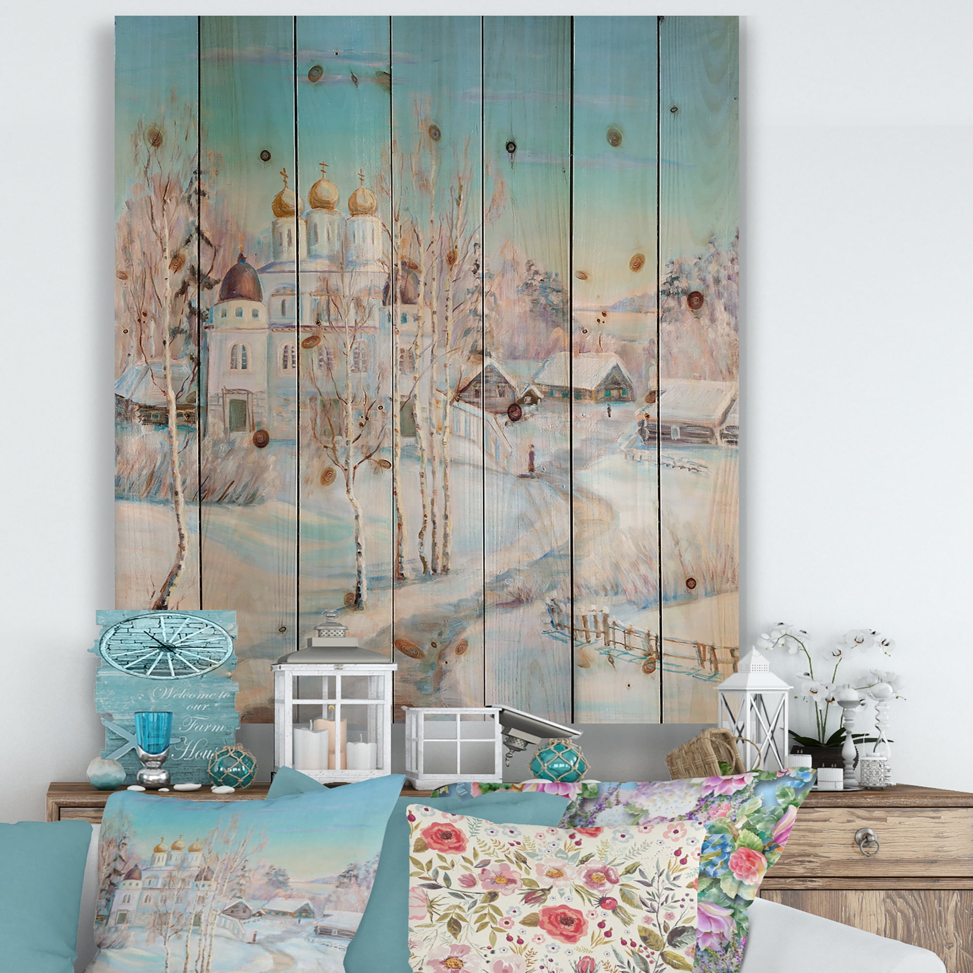 Designart 'Temple Over Country Road In Winter Landscape' Traditional Print on Natural Pine Wood