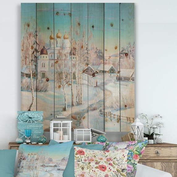 Designart 'Temple Over Country Road In Winter Landscape' Traditional Print on Natural Pine Wood