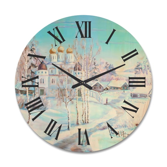 Designart 'Temple Over Country Road In Winter Landscape' Traditional Wood Wall Clock