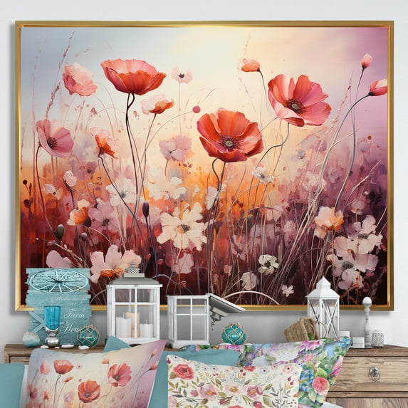 Designart "Tender Embrace Of Pink Crimson Flowers" Flower Floater Framed Canvas Wall Art