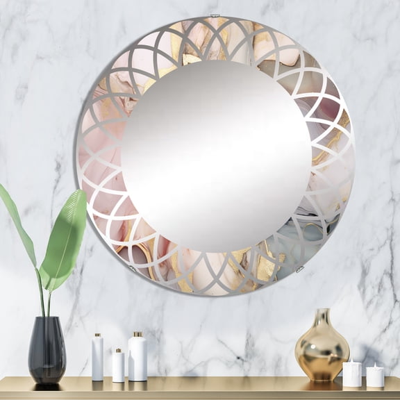 Designart "Tender Liquid Ink Art in Grey and Pink I" Fractals Round Wall Mirror - Modern Oval Printed Decorative Oversized Mirror - Multiple Color Options