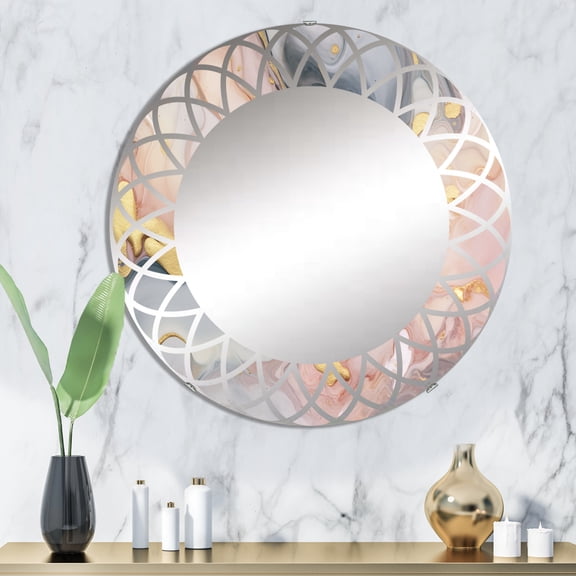 Designart "Tender Liquid Ink Art in Pink and Gold" Fractals Round Wall Mirror - Modern Oval Printed Decorative Oversized Mirror - Multiple Color Options