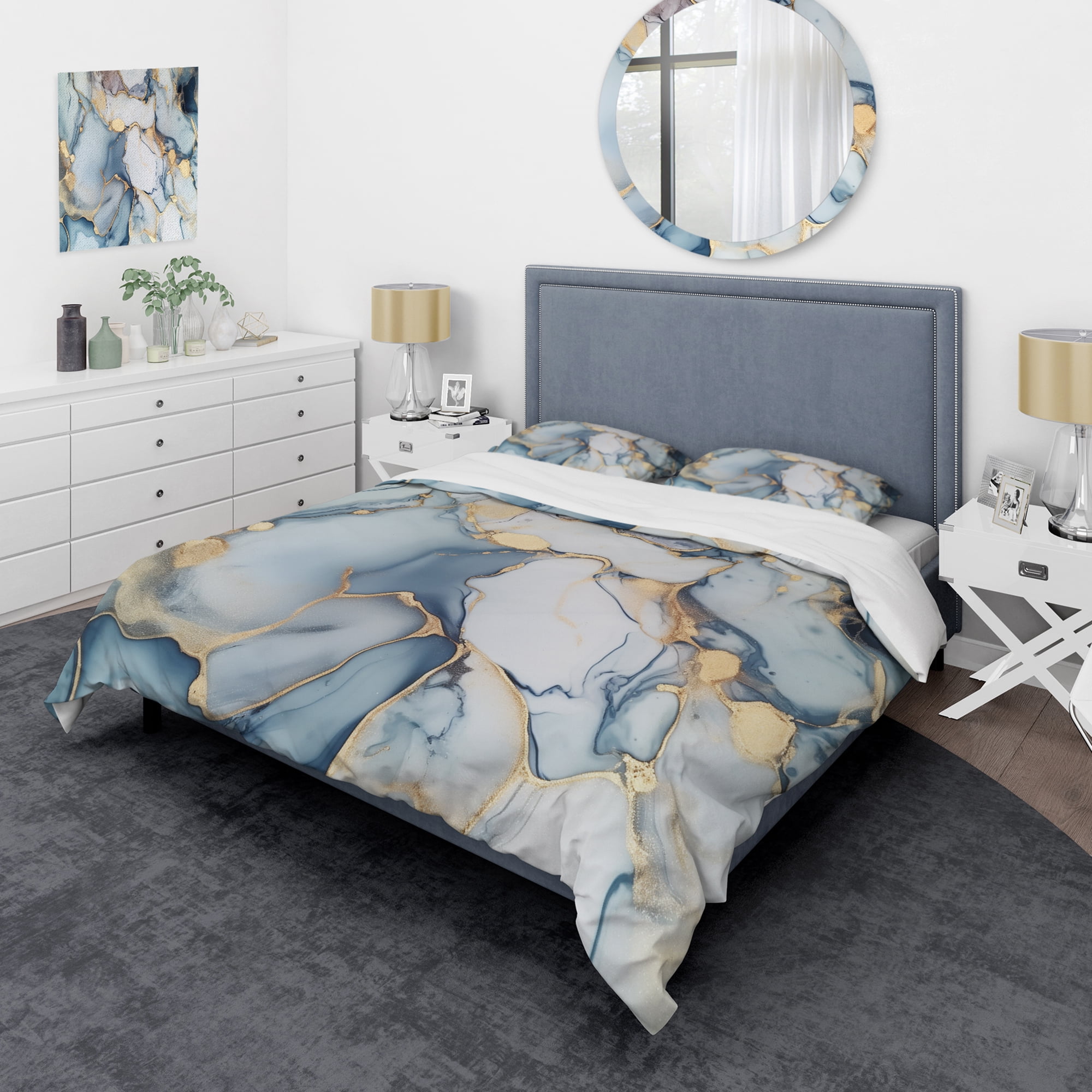 Full/Queen Blue and Gold Microfiber Duvet Cover Set