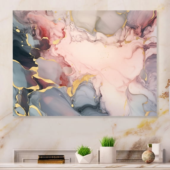 Designart "Tender Liquid Ink Art in Grey and Pink II" Fractals Metal Wall Decor