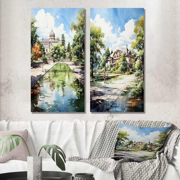 Designart "Tennis Court Country Clubs painting II" Country Clubs Wall Art Set Of 2 - Green Architecture Canvas Set For Living Room Decor