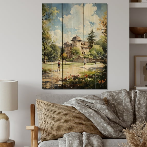 Designart "Tennis Court Country Clubs painting III" Cityscapes Print on Natural Pine Wood