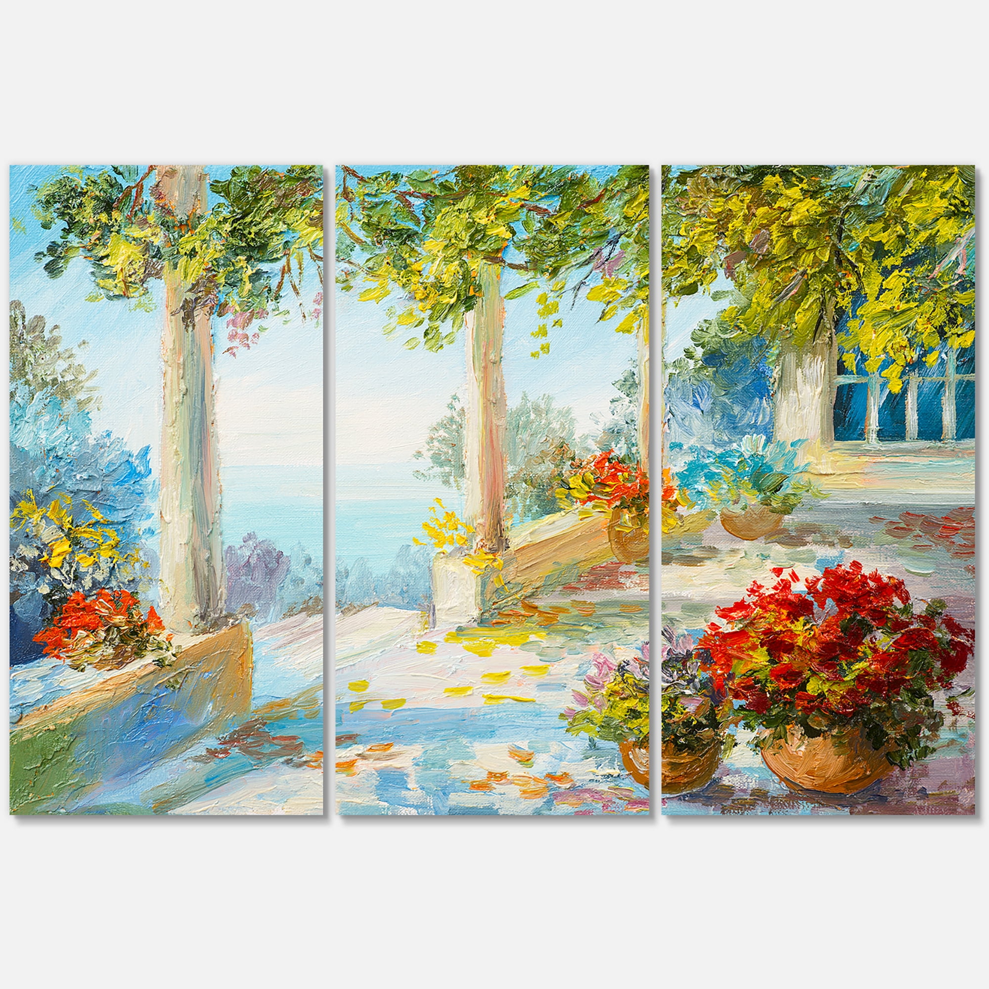 Designart ' Terrace With Red Flowers Near The Sea ' Nautical & Coastal Canvas Wall Art Print