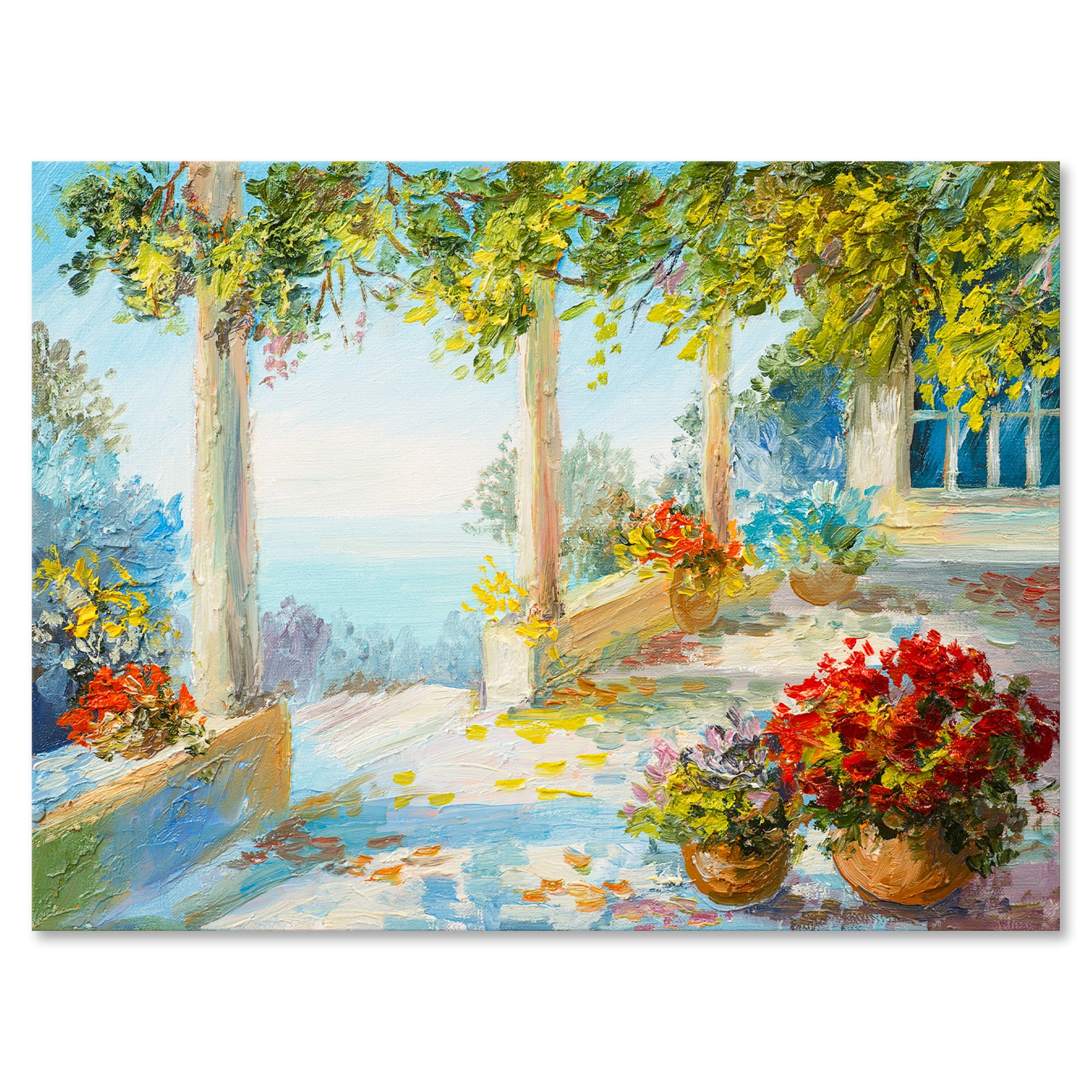Designart ' Terrace With Red Flowers Near The Sea ' Nautical & Coastal Canvas Wall Art Print