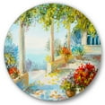 thumbnail image 1 of Designart 'Terrace With Red Flowers Near The Sea' Nautical & Coastal Circle Metal Wall Art 11x11 - Disc of 11, 1 of 5