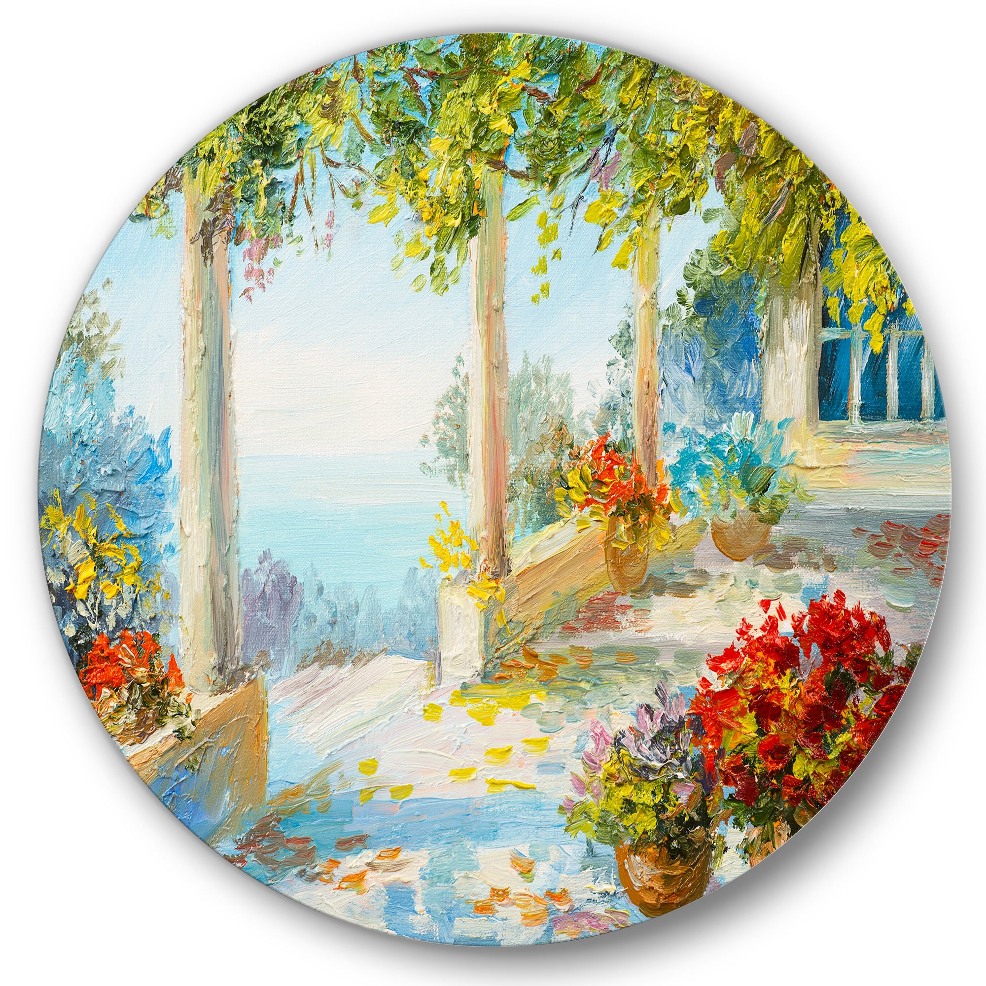 Designart 'Terrace With Red Flowers Near The Sea' Nautical & Coastal Circle Metal Wall Art 23x23 - Disc of 23