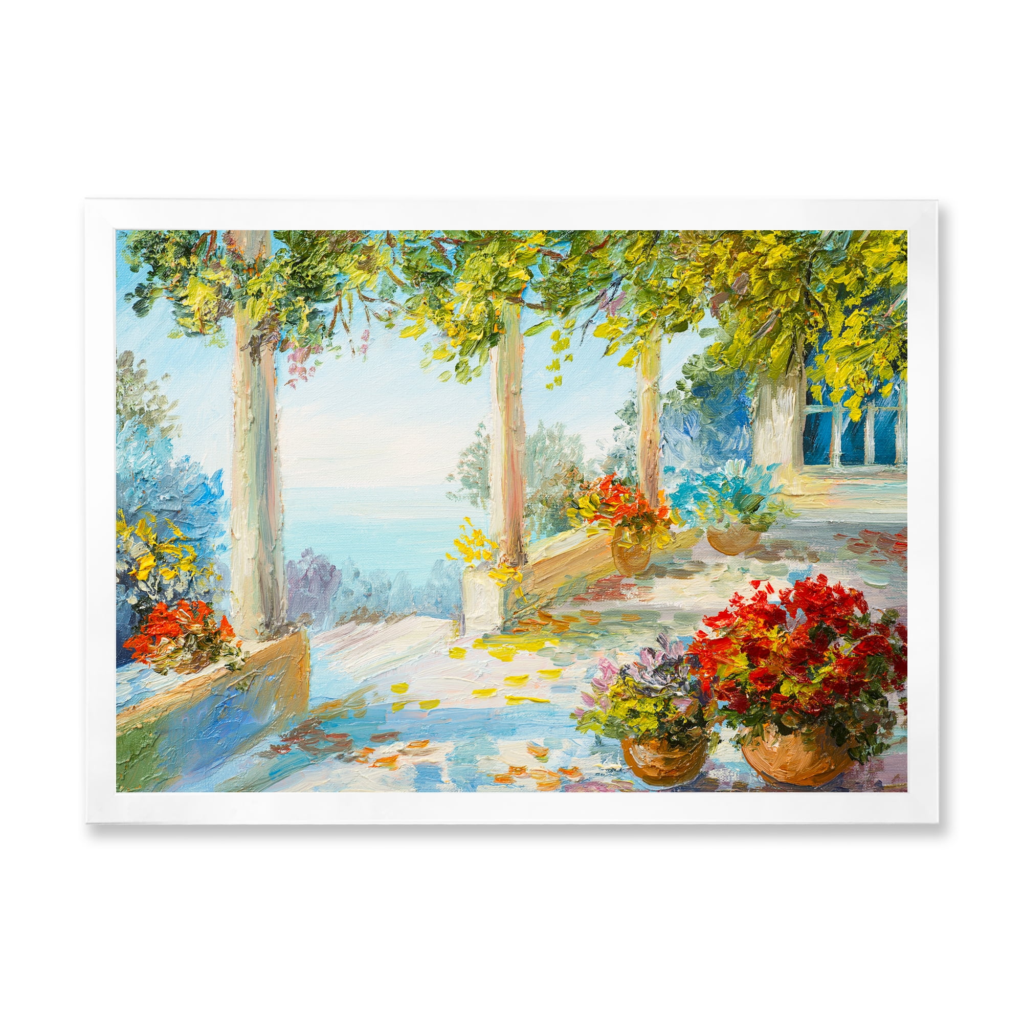 Designart 'Terrace With Red Flowers Near The Sea' Nautical & Coastal Framed Art Print