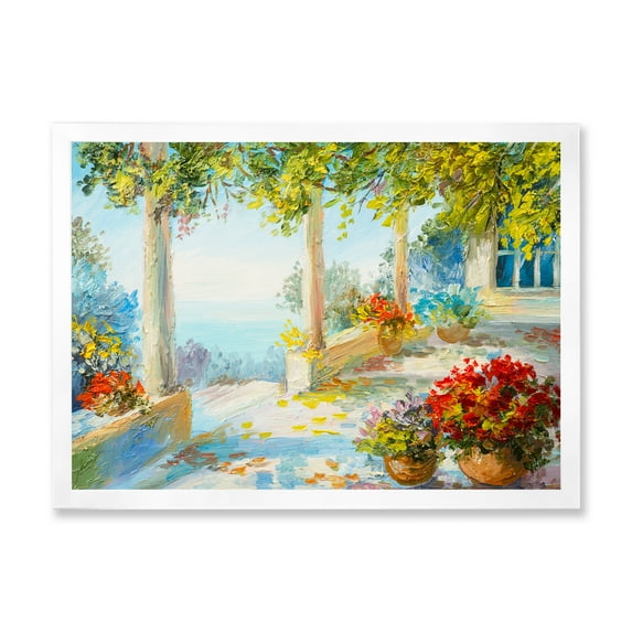 Designart 'Terrace With Red Flowers Near The Sea' Nautical & Coastal Framed Art Print