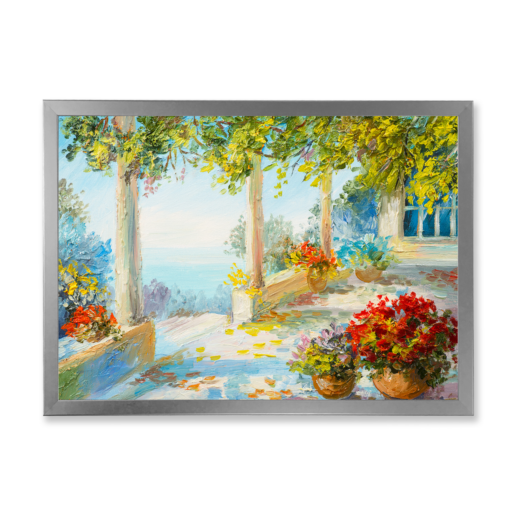 Designart 'Terrace With Red Flowers Near The Sea' Nautical & Coastal Framed Art Print