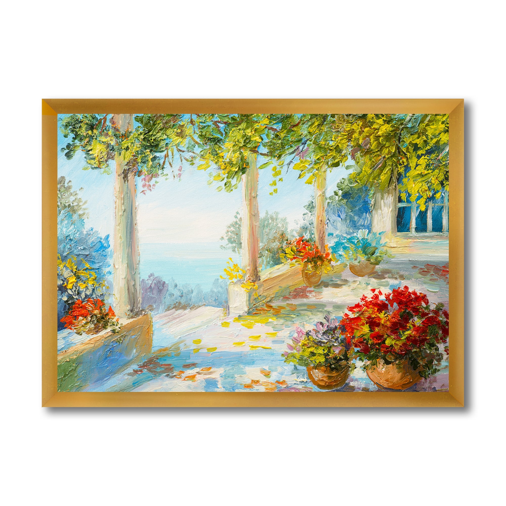 Designart 'Terrace With Red Flowers Near The Sea' Nautical & Coastal Framed Art Print