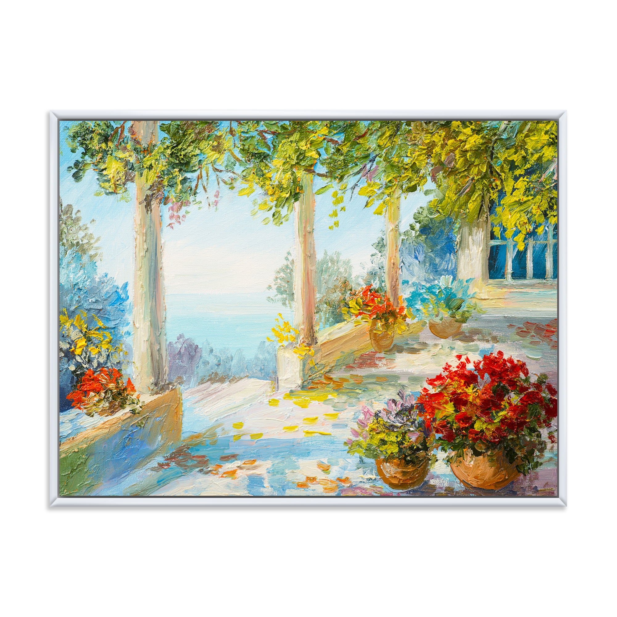 Designart 'Terrace With Red Flowers Near The Sea' Nautical & Coastal Framed Canvas Wall Art Print