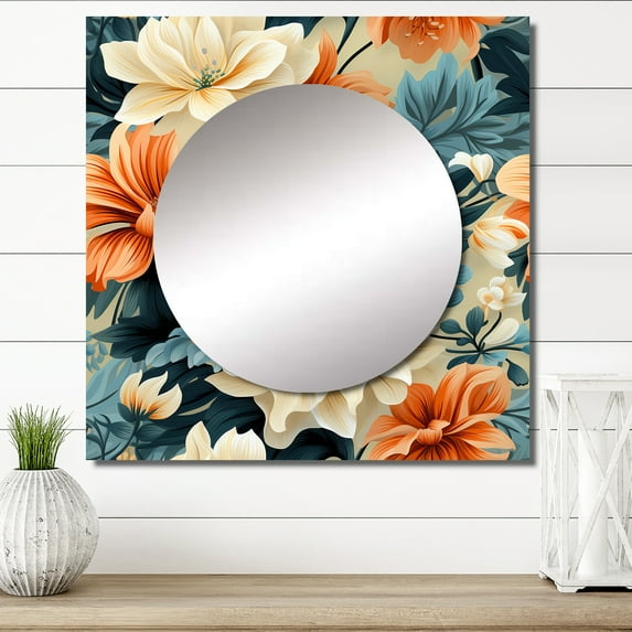 Designart "Terracotta And Azure Blooms" floral Square Mirror For Wall Decor - Large Blue Square Printed Wall Mirror Art - Square Cottage Mirror - Wall Mounted Square Large Mirror